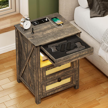Rustic Nightstand with Gun Drawer, End Table with Charging Station, LED Bedside Table with Human Sensor Light, Rattan