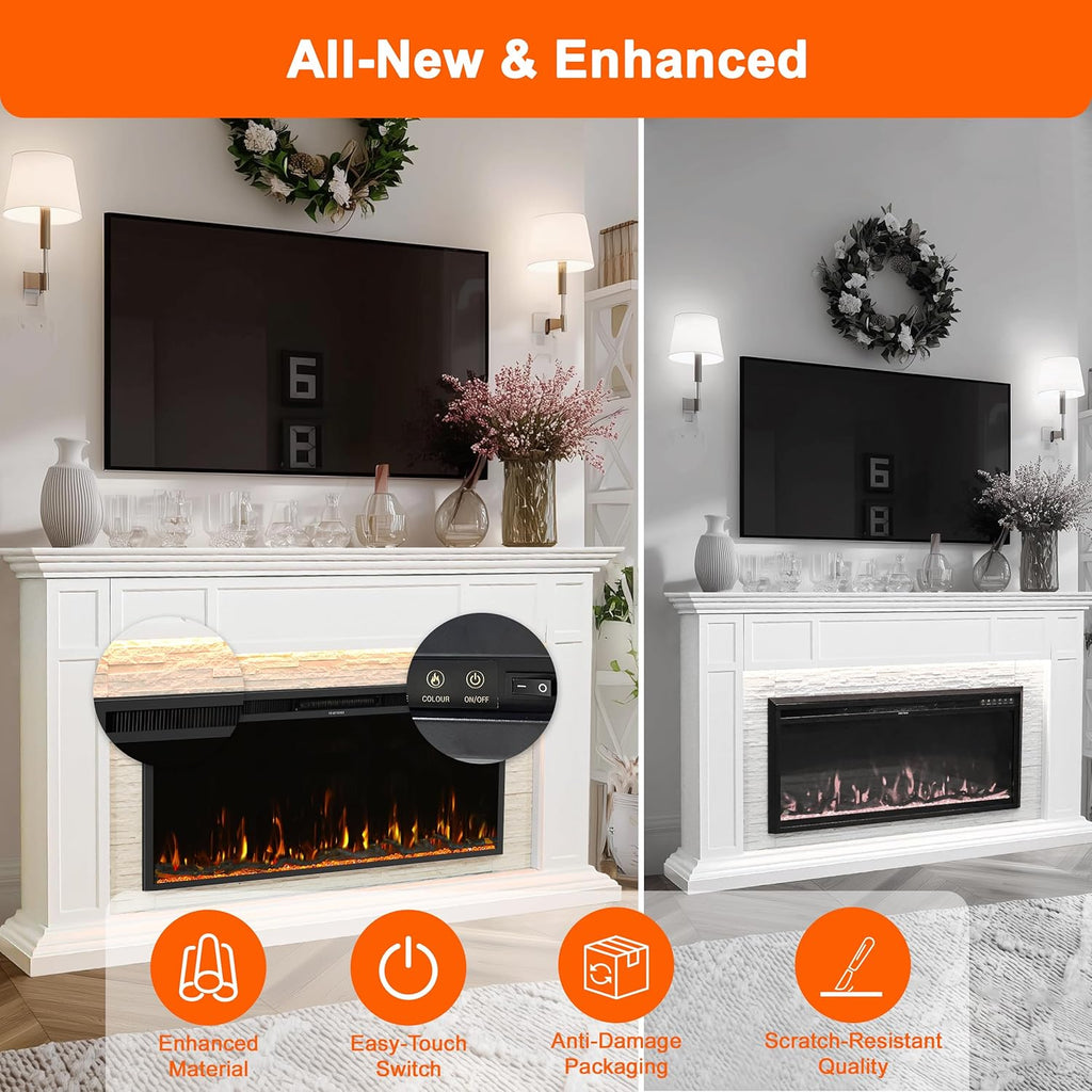 69" Electric Fireplace with Mantel, Freestanding Fireplace Console with 42" Insert for Livingroom/Bedroom, Realistic