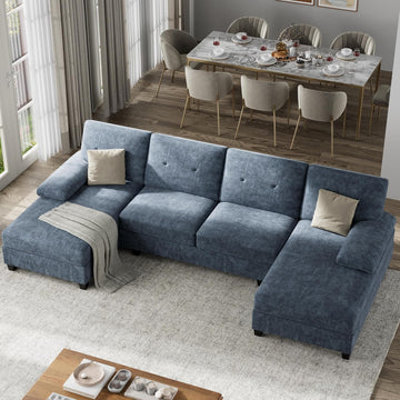 U-Shaped Sectional Couches , 4 Seat Sofa with Double Chaise Lounges,Solid Wood Frame Sectional Sofa ,Dark Grey