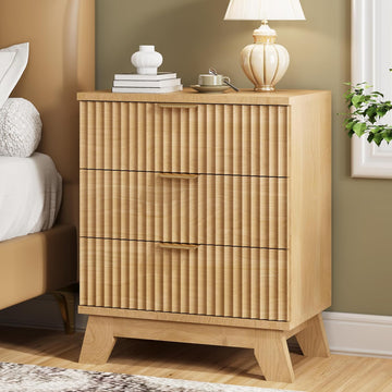 Fluted Nightstand, 24" Wide Side Table with 3 Large Storage Drawers, Mid Century Modern Wood Night Stand with Metal