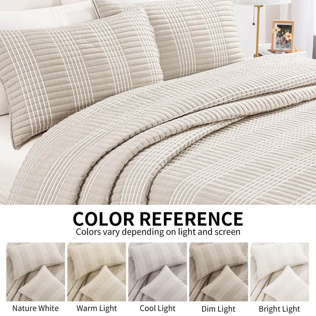 132x120 Seersucker Patchwork Quilt Set, Lightweight Plaid Bedspread Coverlet Set, All Season Bohemian