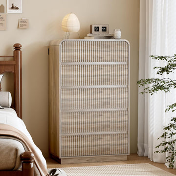 Grey Dresser Fluted Tall 5 Drawer Dresser , Wood Chest of Drawers with Hidden Handles & Rounded Corners, Modern