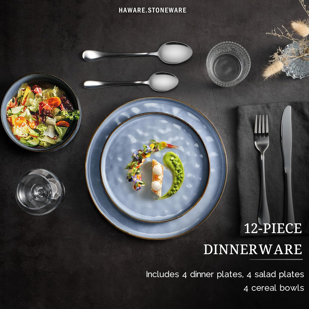 Dinnerware Sets, 12-Piece Plates and Bowls Set, Stoneware Dish Set for 4, Ceramic DinnerwareRestaurant