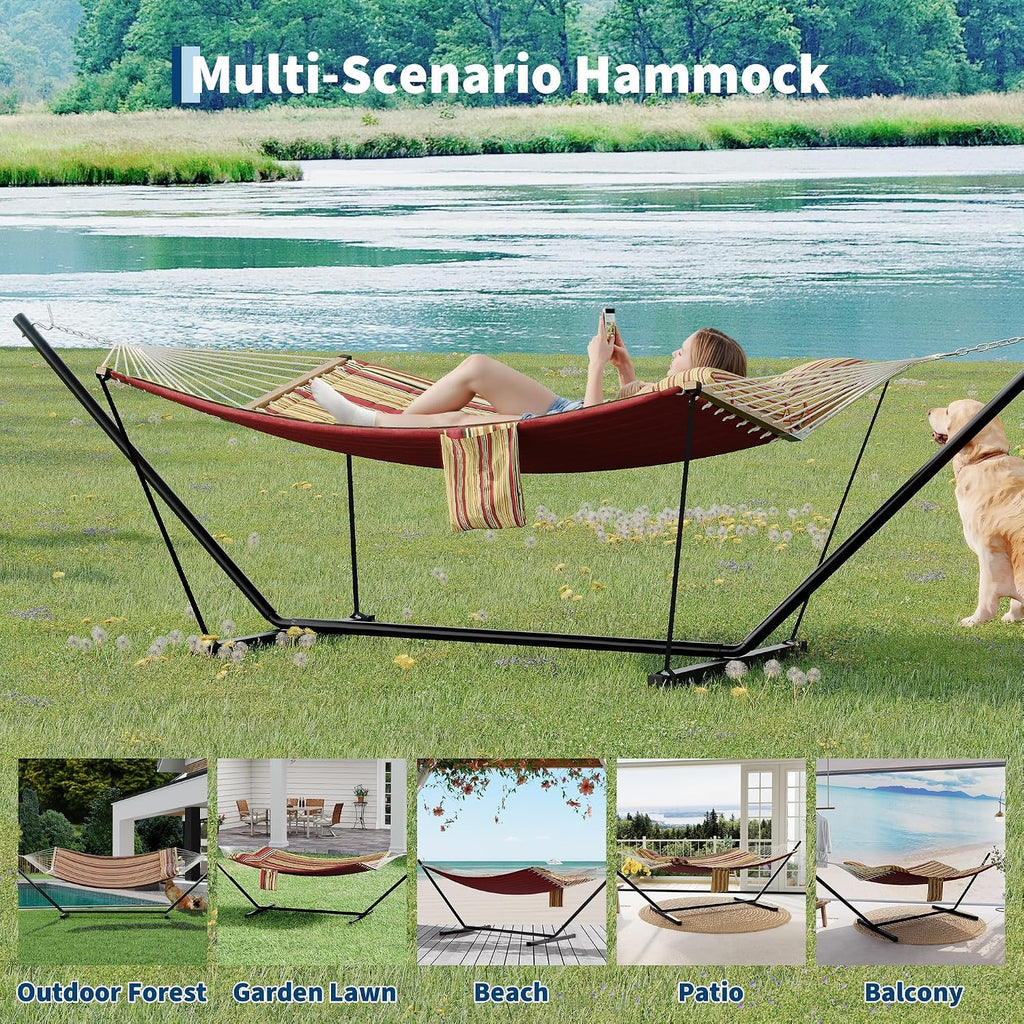 2 Person Heavy Duty Outdoor Hammock with Stand, Portable Double Hammock with Hardwood Spreader Bar, Pillow & Balance