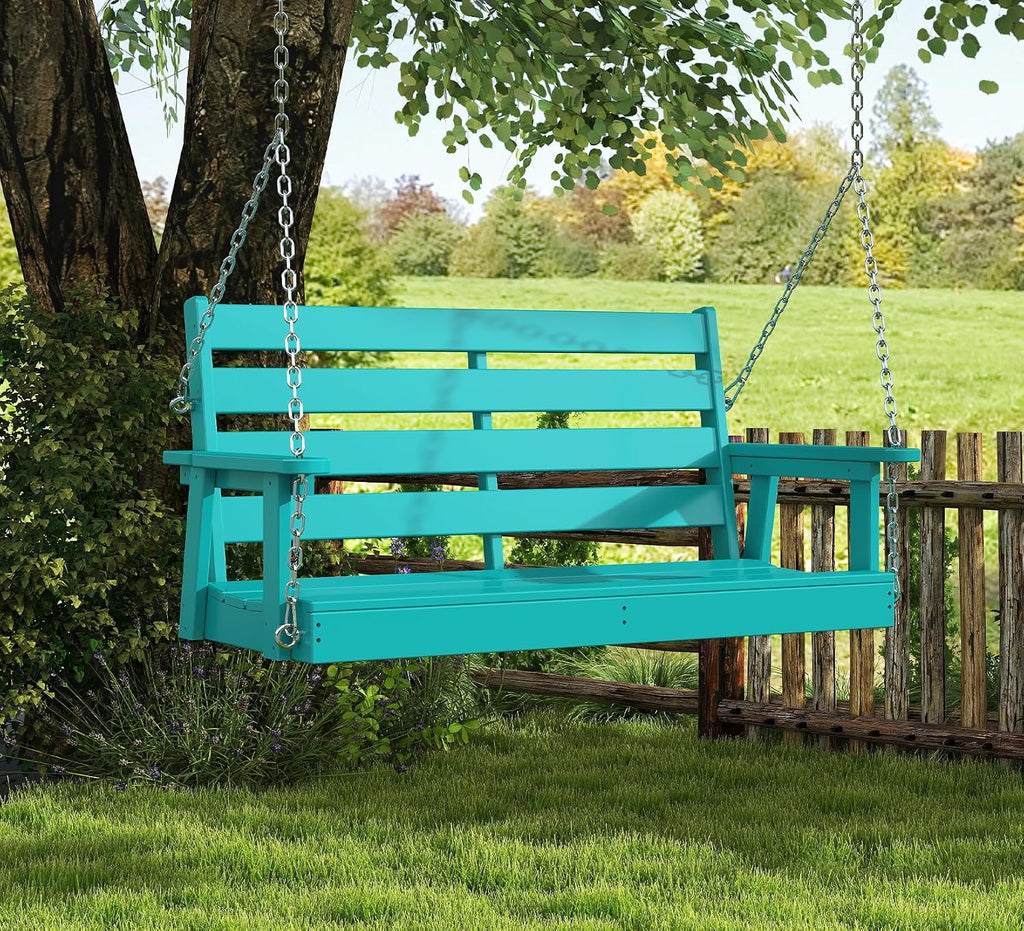 Outdoor Porch Swing, 2-Person HDPE Patio Bench Swings, Aqua | 51" Extra Wide | 4 Stainless Steel Chains | 600 lb