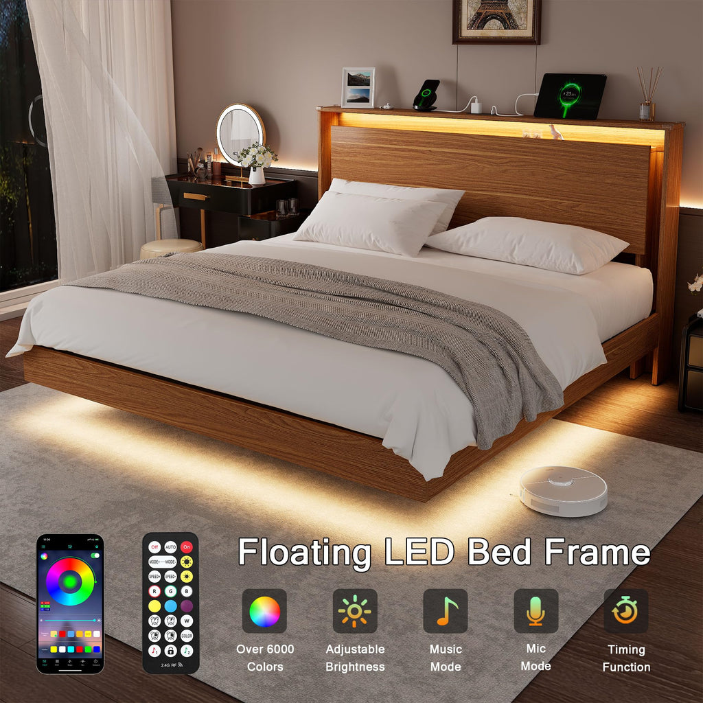 King Size Bed Frame with LED Lights & Charging Station - Wood Floating Bed Frame with Storage Headboard, Adhesive
