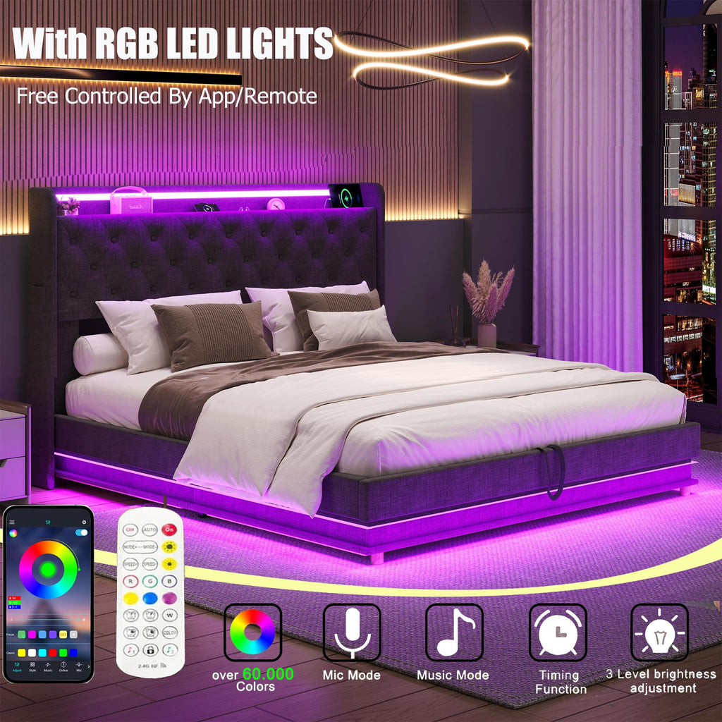 Full Size Bed Frame with Headboard, Lift Up Storage Bed Frame with Charging Station&Led Lights, Upholstered Platform