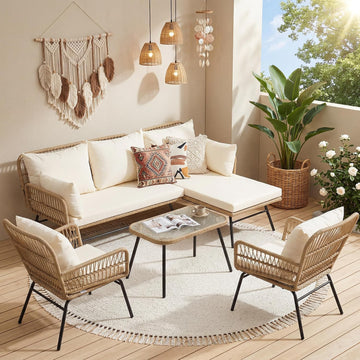 6 Pcs Boho Outdoor Patio Furniture Set, High Back L-Shaped Outdoor Couch with Ice Bucket Table