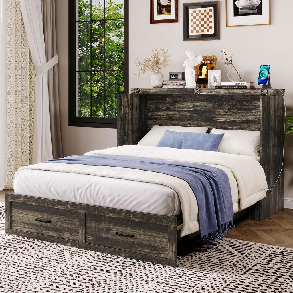 Queen Size Murphy Bed, Cabinet Bed with Charging Station, Multi-Functional Foldable Platform Bed with 1 Large Storage