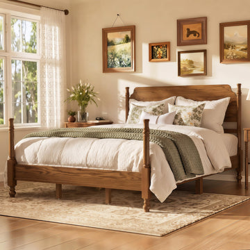 Vintage Wood Spindle Queen Bed Frame with Headboard, Light Walnut