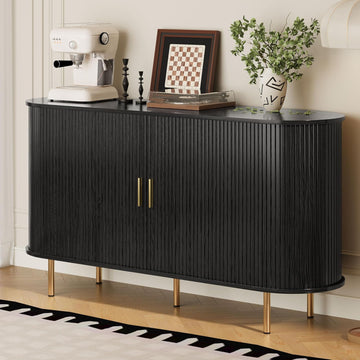 Sideboard Buffet Cabinet with Storage,Mid Century Modern Fluted Accent Coffee Bar Console Table,Tambour Sliding Doors& Adjustable Shelf for Kitchen, Living Room, Entryway(Black, 55 Inch)