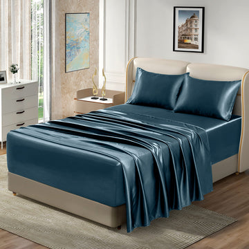 Queen Deep Sea Blue Extra Deep Pocket Satin Sheets, 4-Piece