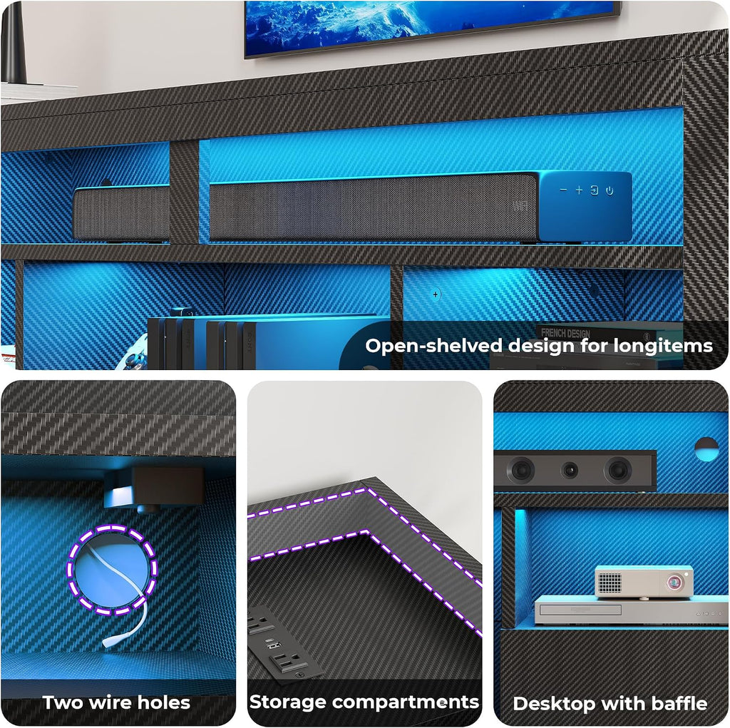 TV Stand for 75 Inch TV, Carbon Fiber Entertainment Center with 2 Drawers, Charging Station & RGB LED Light, Gaming