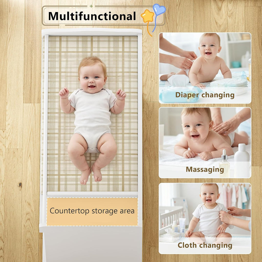 Baby Changing Table with 4 Drawers & 2 Open Shelves, Multi-Functional Nursery Changing Station with Storage, Pearl
