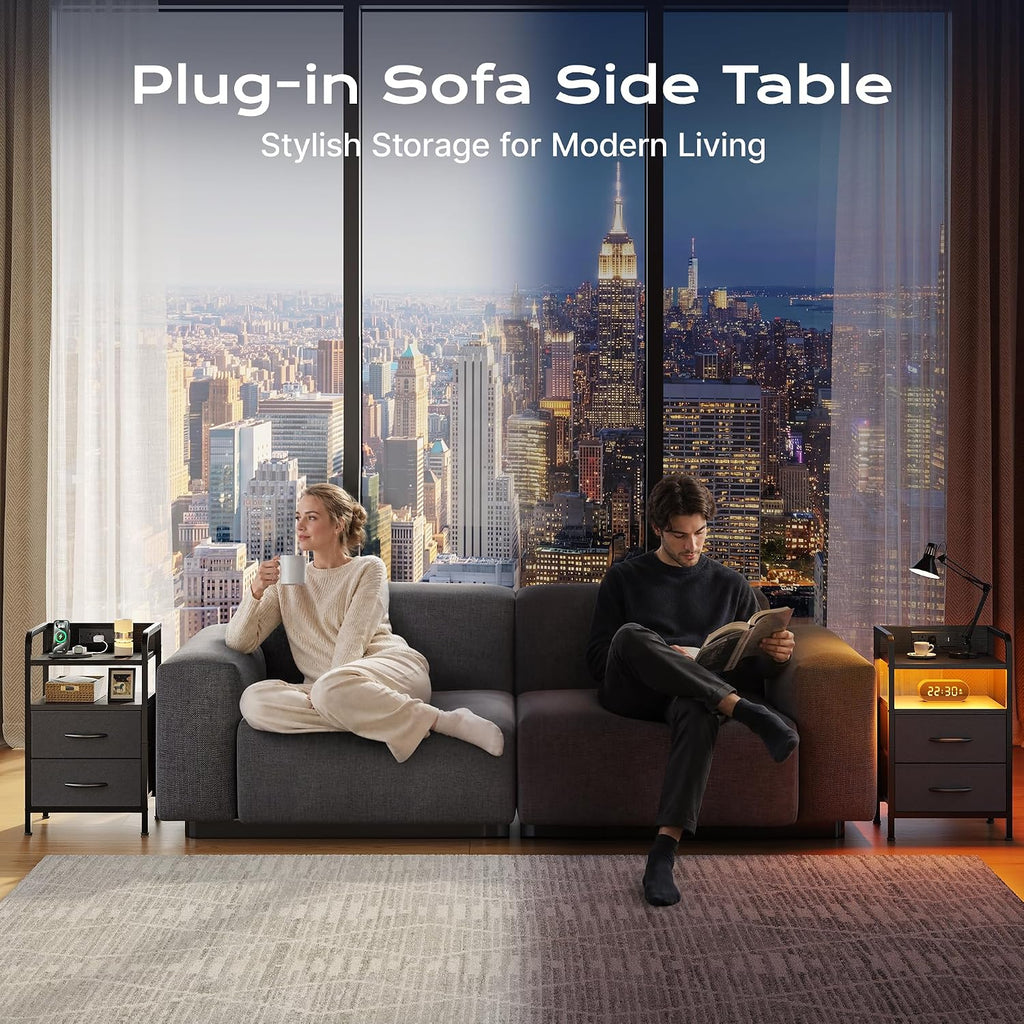Nightstands Set of 2, Night Stand with LED Lights, Charging Station and USB-C Ports, 2 Drawers Bed Side Table, Open