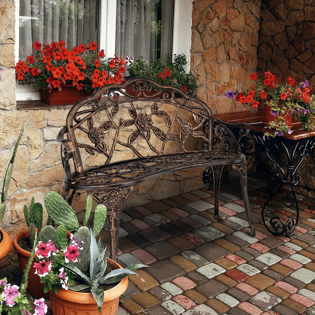 38.5" Patio Park Garden Outdoor Metal Rose Bench, 2-Person Cast Iron Cast Aluminium Frame Antique Finish