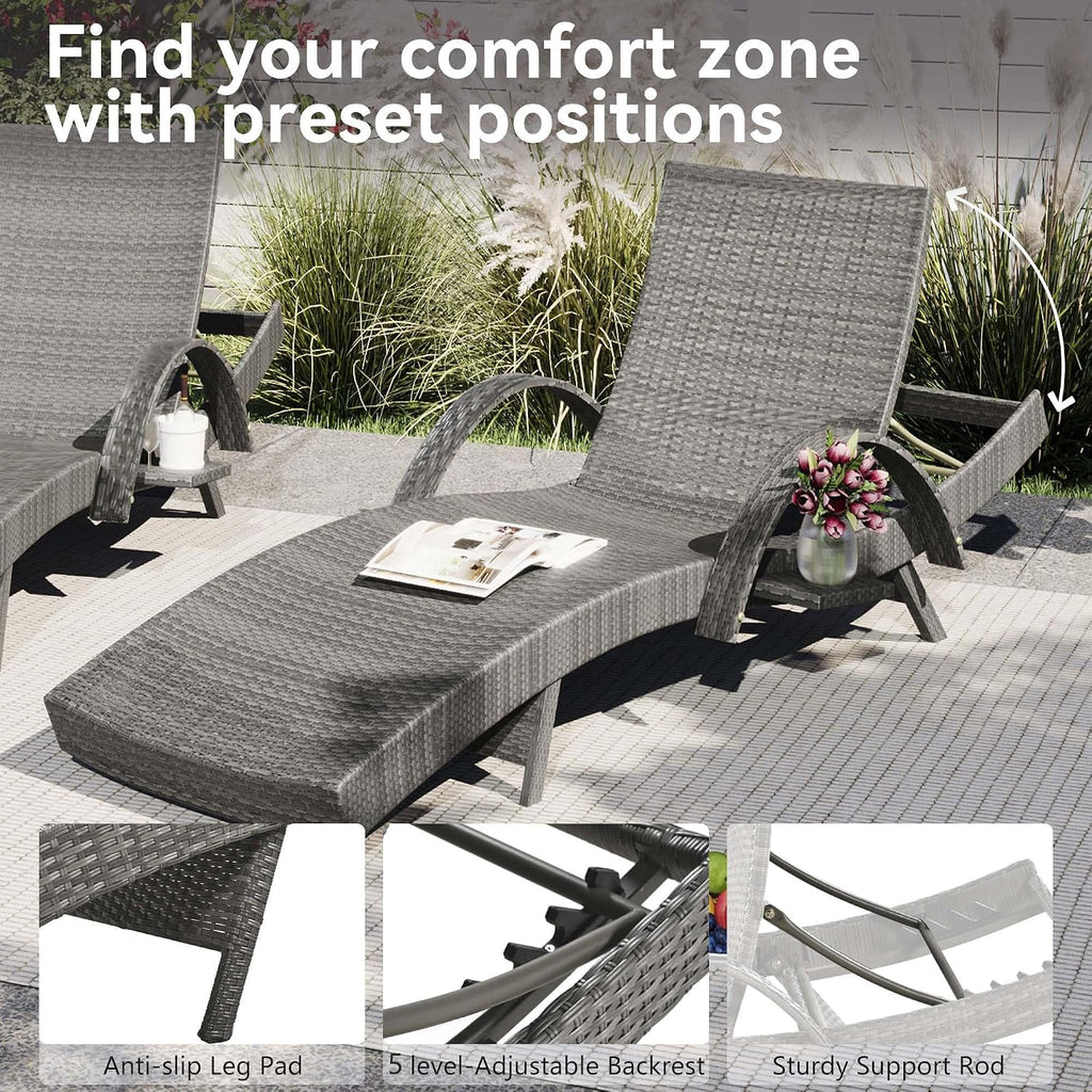 Chaise Lounge Outdoor Set of 2, Rattan Pool Loungers Chairs Set of 2 with Armrests & Pull-Out Side Table, Patio