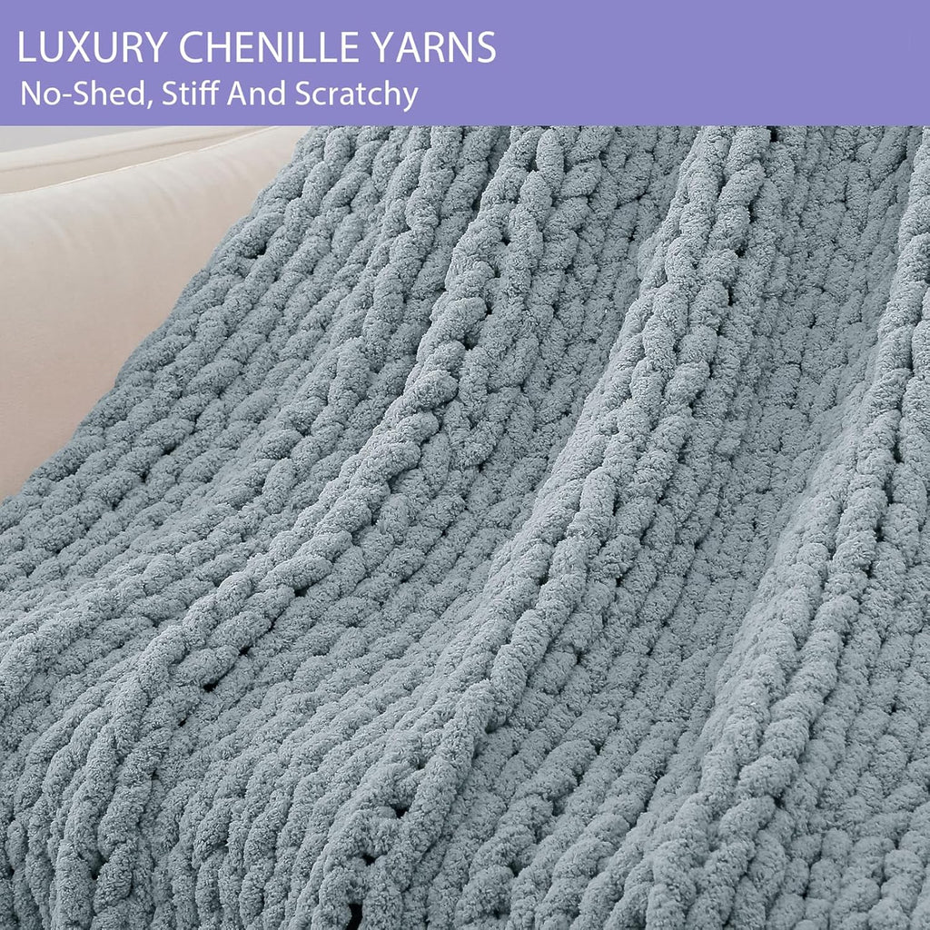 Chunky Knit Throw Blanket, 40x40 inches, 100% Hand Knitted with Thick Jumbo Chenille Yarn, Cozy Soft Large Rope Knot