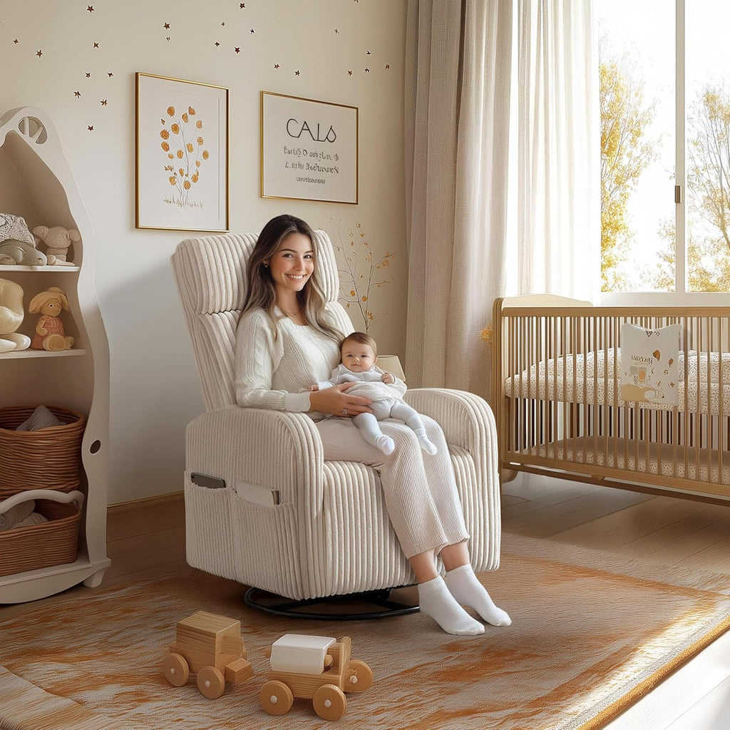 360° Swivel Nursery Rocking Chairs, Glider Rocker with Side Pockets, upholstered Rocking Chair Reading Chairs, Beige