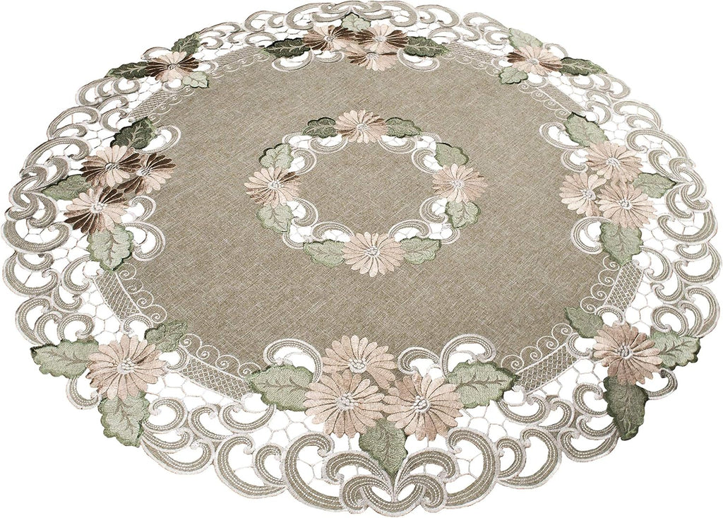 Embroidered Table Topper Gold Daisy Fleur Latte Small Tablecloth Doily (33 Inch Round)