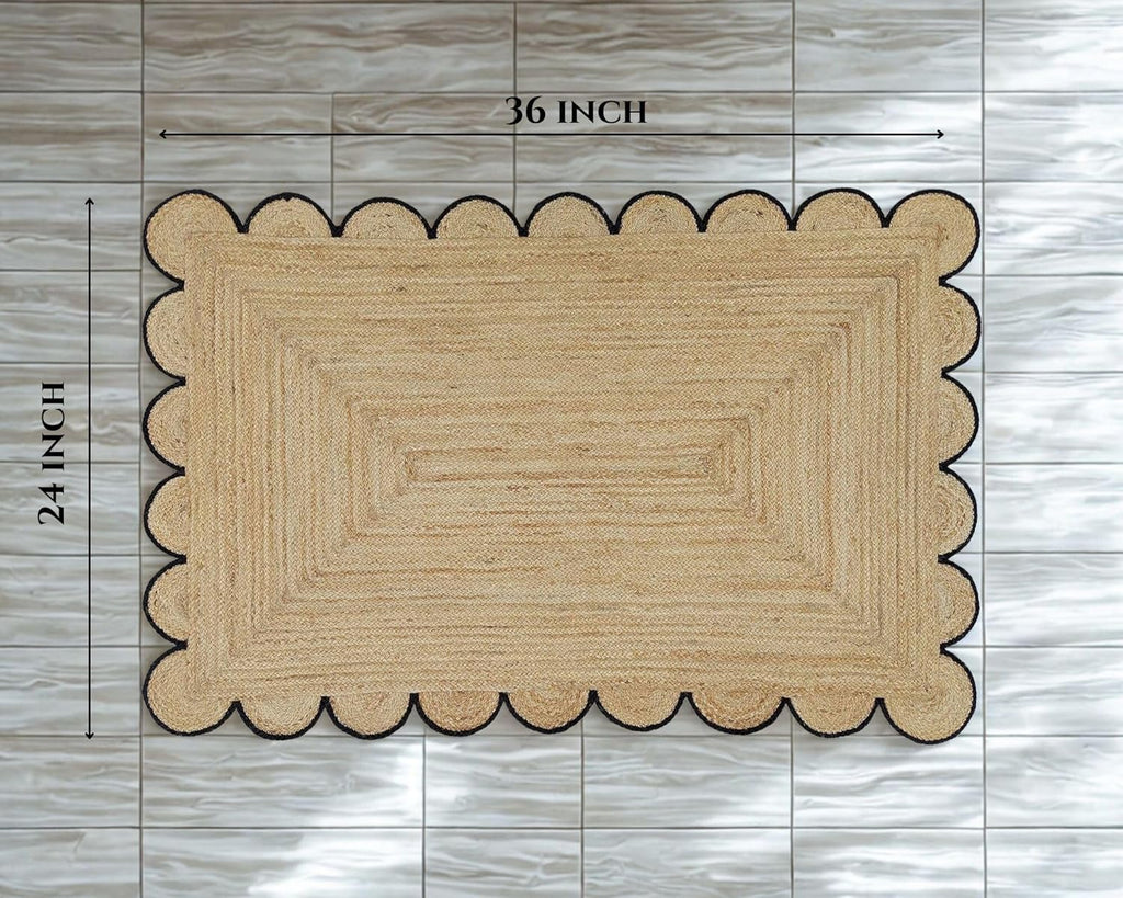 Scalloped Jute Area Rug - 2x3 Ft Natural Handwoven Rug with Black Trim - Farmhouse Boho Entryway Acc