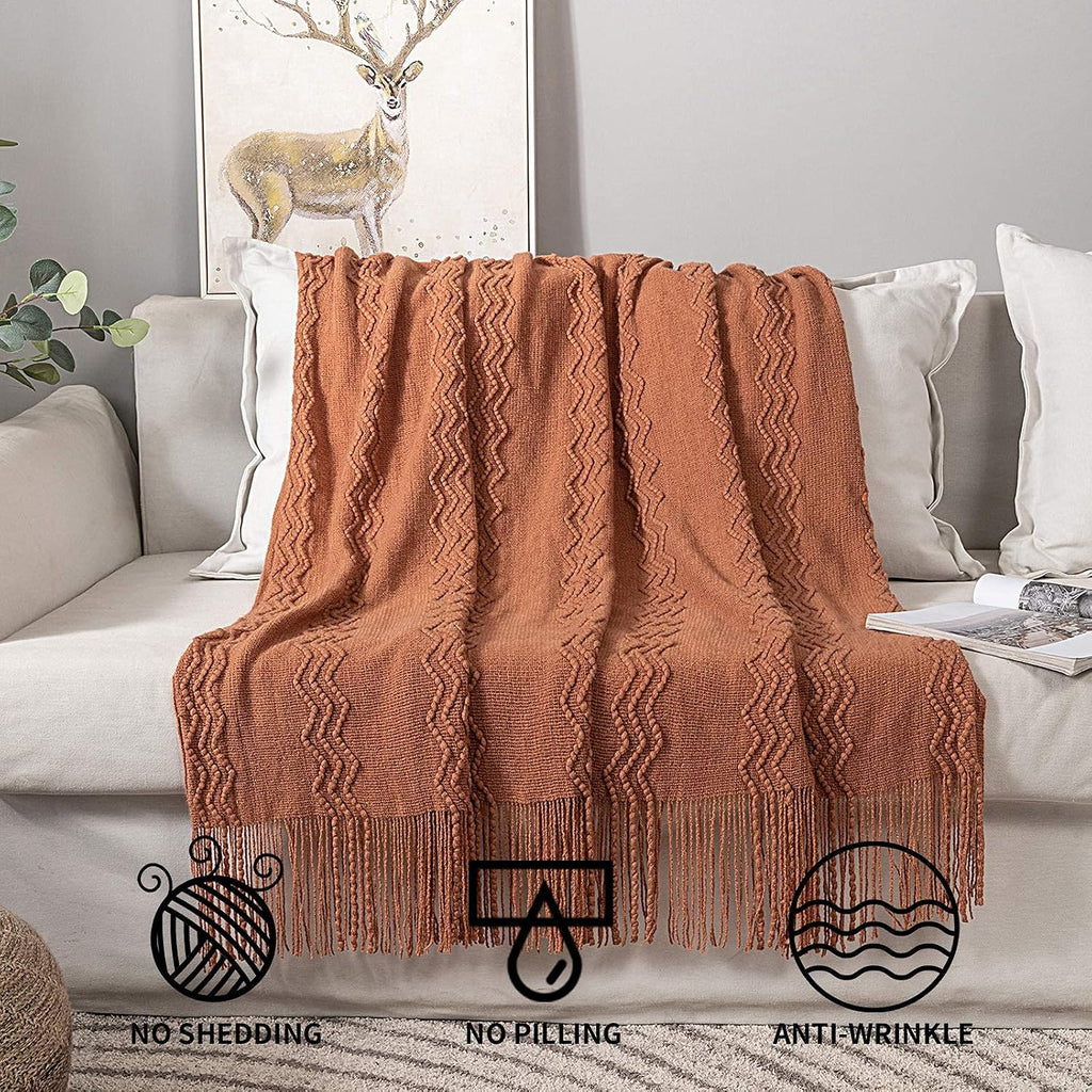 Knitted Boho Throw Blanket, Orange