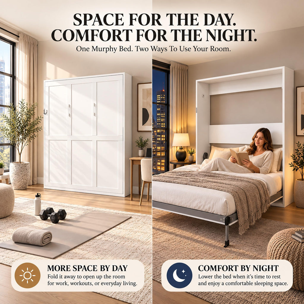 Queen Murphy Bed, White Vertical Folding Wall Bed Cabinet for Small Spaces