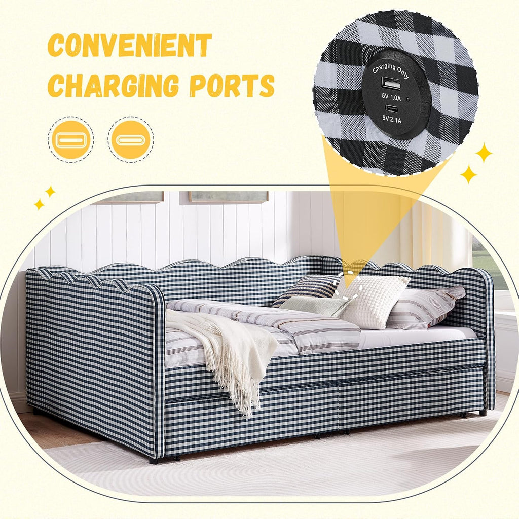 Queen Size Gingham Daybed with 2 Storage Drawers and USB Ports | Upholstered Daybed Living Room Guest Room-Navy