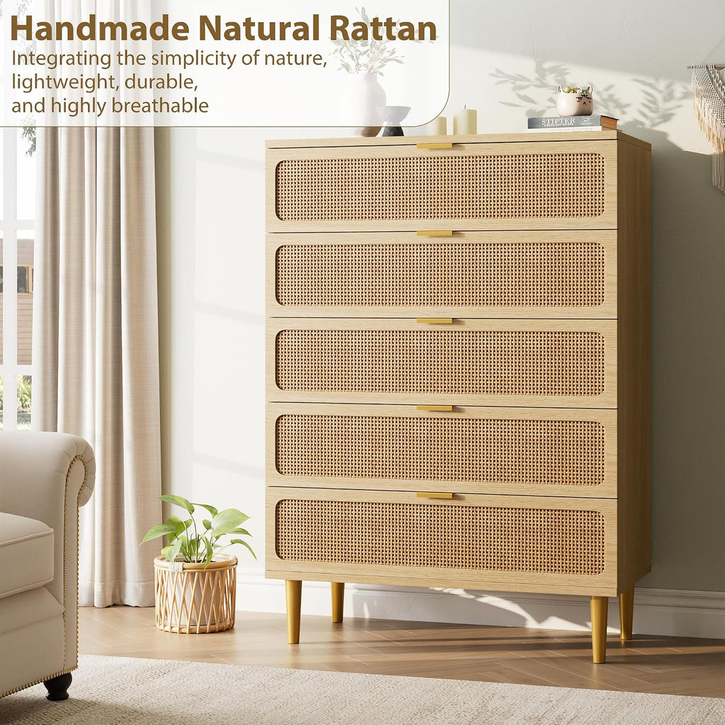 Rattan 5 Drawer Dressers , Tall Dresser with Deep Drawers, Large Chest of Drawers for Closet with Wide Top, Long