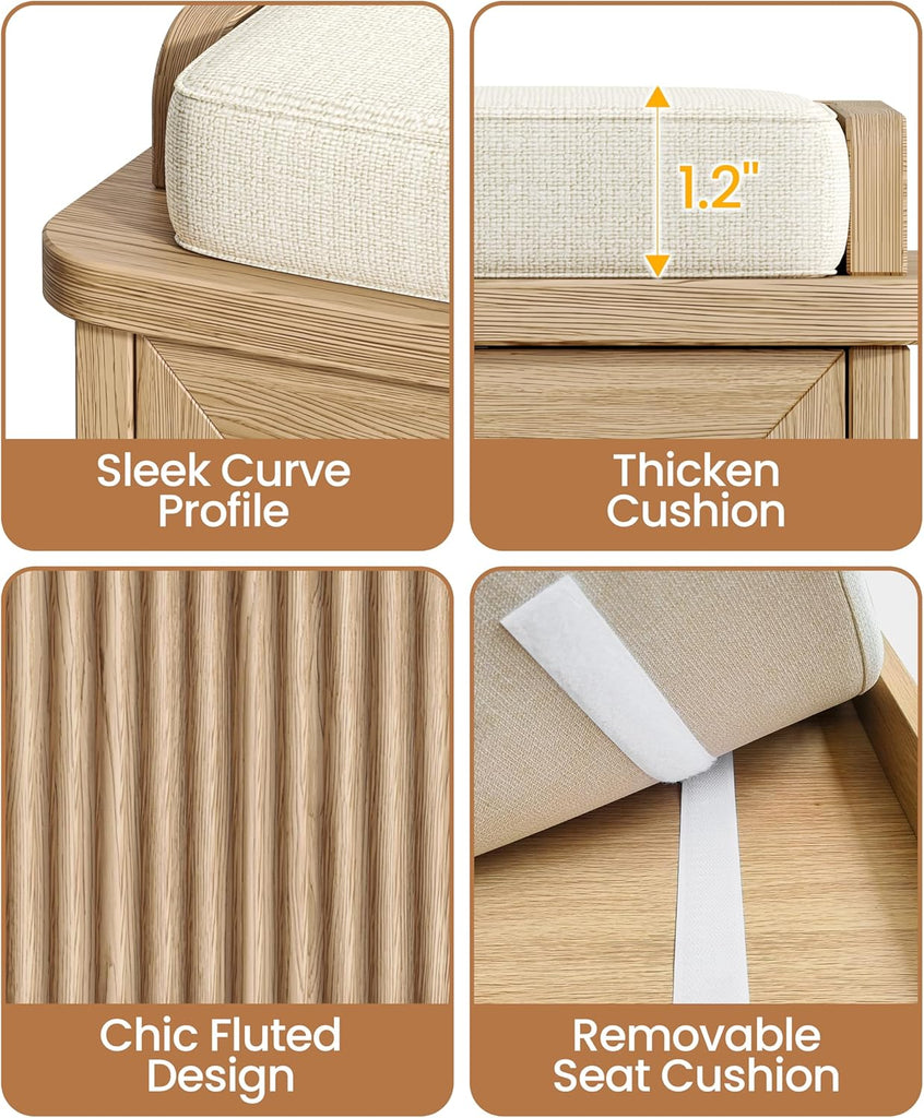 Fluted Shoe Storage Bench with Cushion, 39.4" Entryway Bench with Adjustable Shelves and 2 Doors, Shoe Cabinet Bench