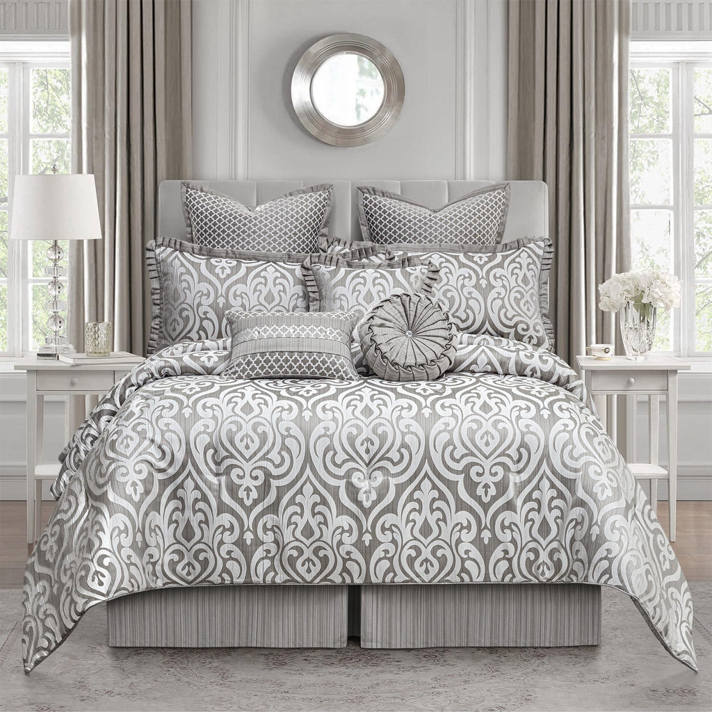 9 PCS Contemporary Jacquard Comforter Set, Silver Gray