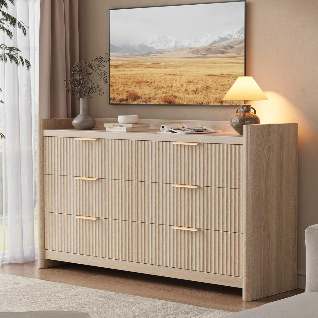 6 Drawer Dresser , Fluted Dressers with Rounded Edge & Raised Lip Top, Anti-Tip Chest of Drawers , Natural Oak
