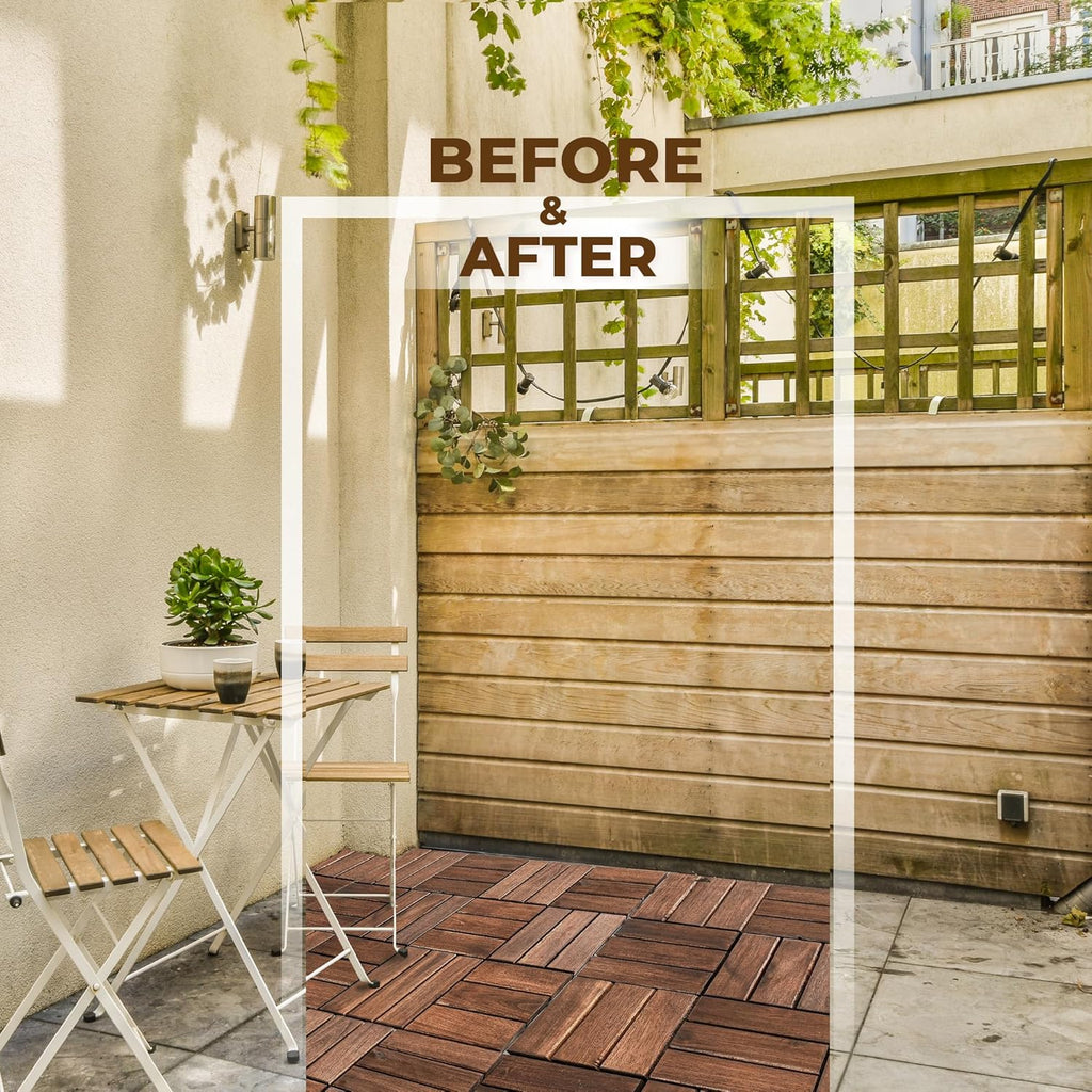 Premium Acacia Wood Interlocking Deck Tiles - Set of 9 pcs, 12"x12", Waterproof Outdoor Patio Flooring