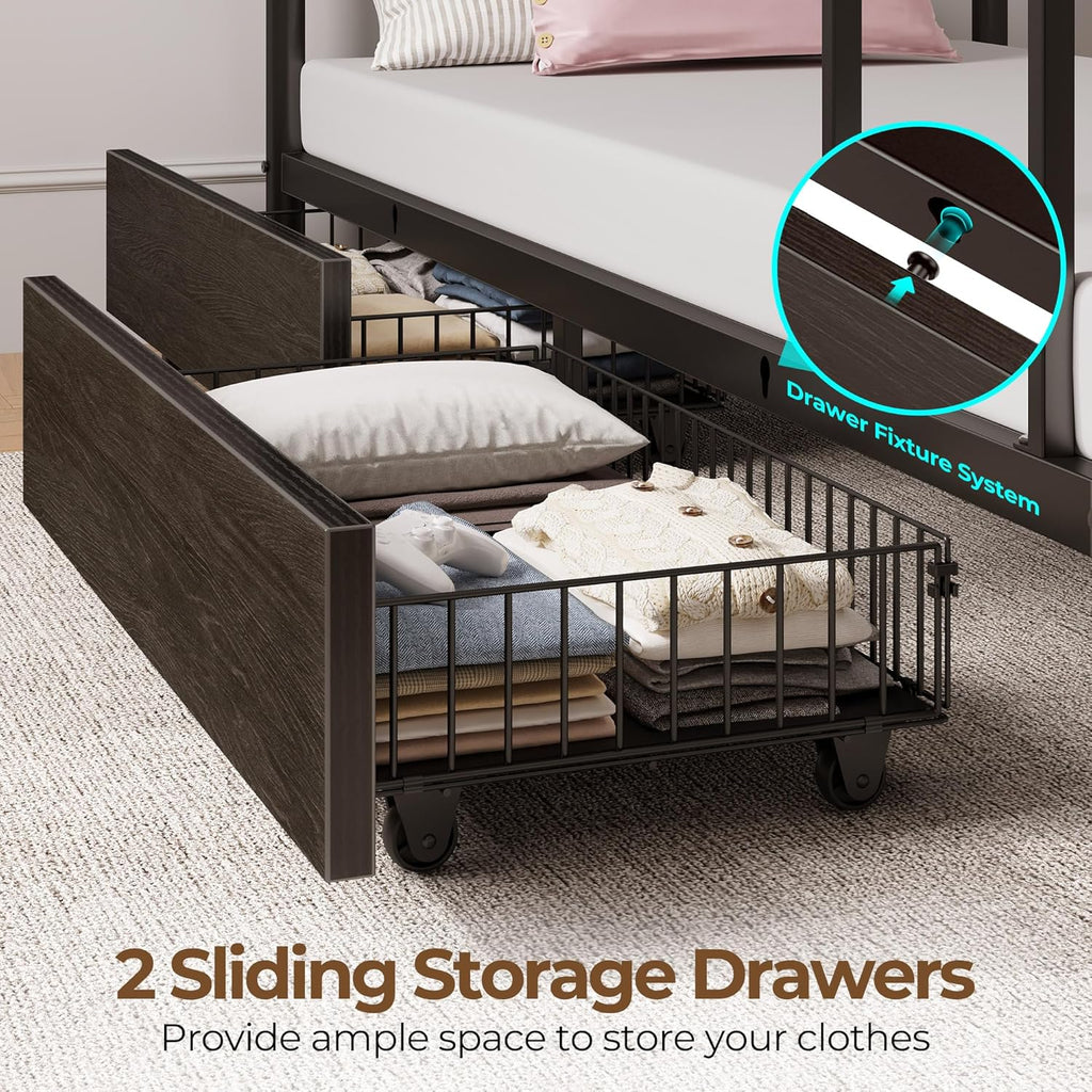 Metal Bunk Bed Full Over Full with USB Charging Station, LED Bunk Bed with 2 Storage Drawers