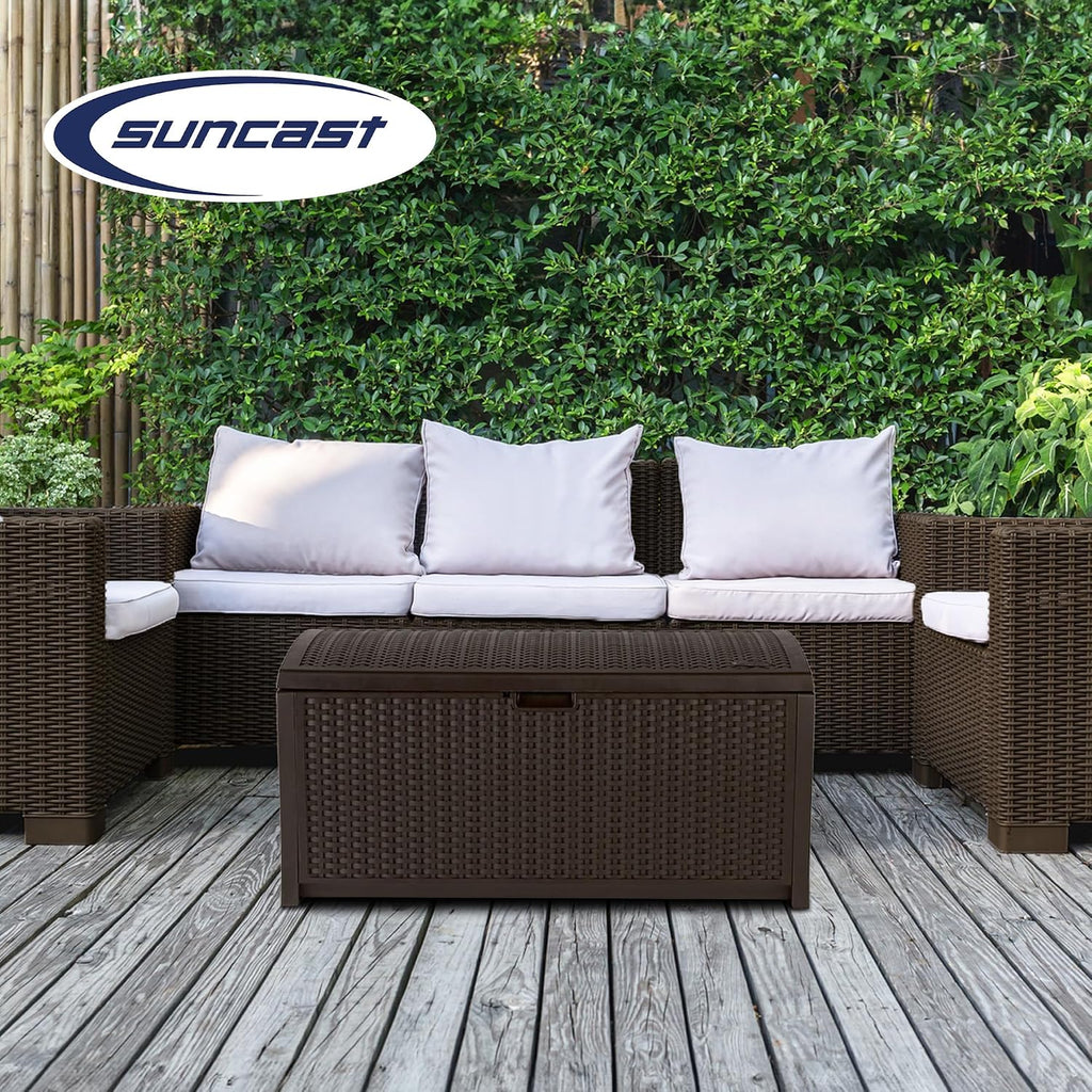 Outdoor Storage Box - 73 Gallon Mocha Brown Deck Box , weather-resistant Outdoor Storage Bench, Resin Wicker Style
