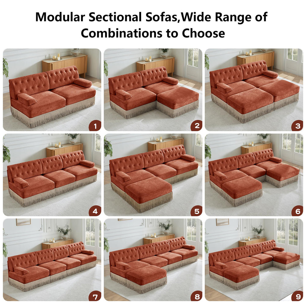Luxury 106.1" U-Shaped Sofas with Tassel, Modular Sectional Velvet Terracotta 3 Seater Sofa Couch with