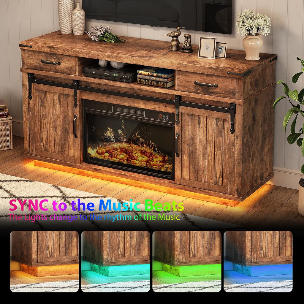 58" Farmhouse Electric Fireplace TV Stand for TVs up to 65", Entertainment Center with 2 Large Storage Drawers
