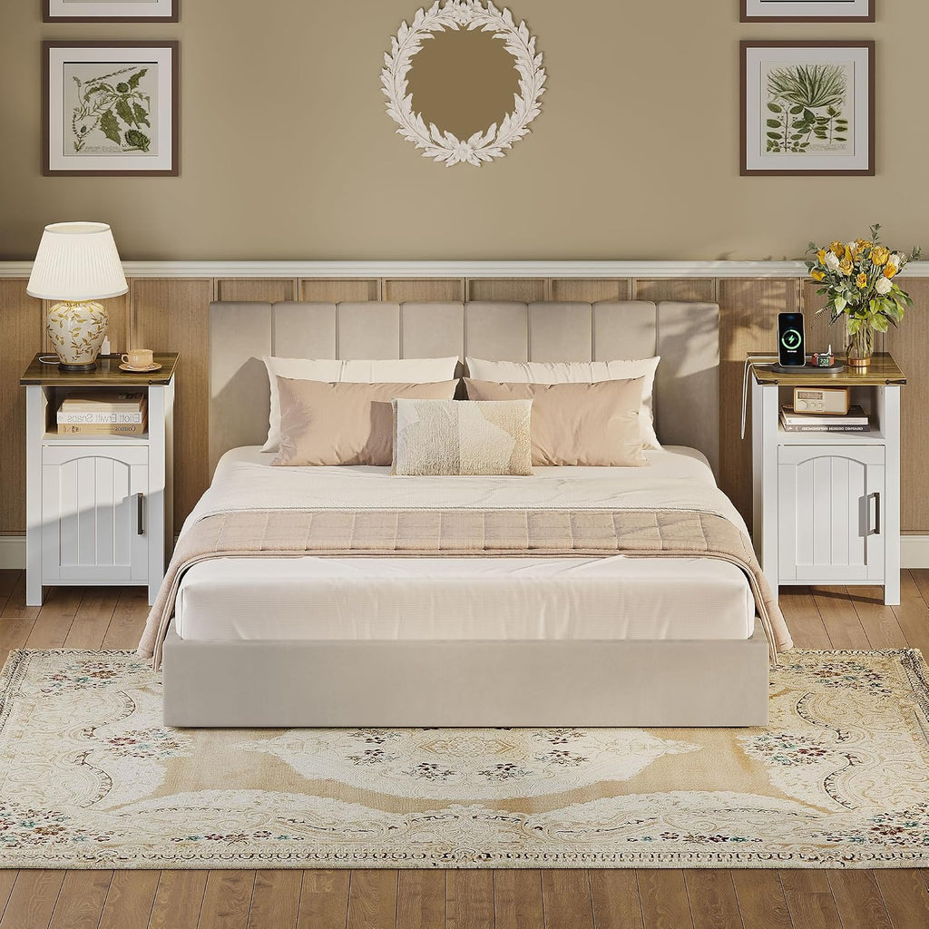 Farmhouse Nightstand with Charging Station, Set of 2 End Table with USB/Type-C Ports, Rustic Bedside Table with Large