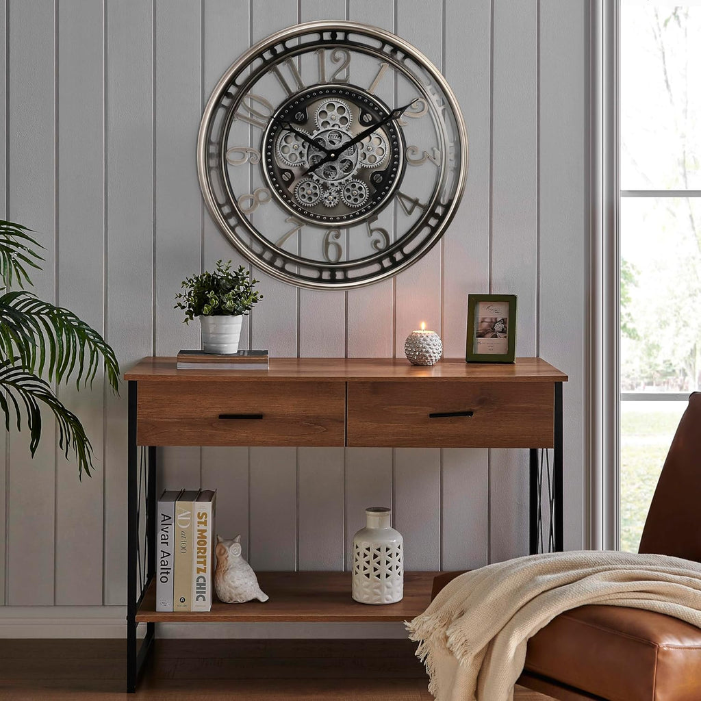 Inch Large Moving Gear Wall Clock,Industrial Steampunk Decor,Decorative Wall Clock for Modern Farmhouse Living Room Decor,Gunmetal...