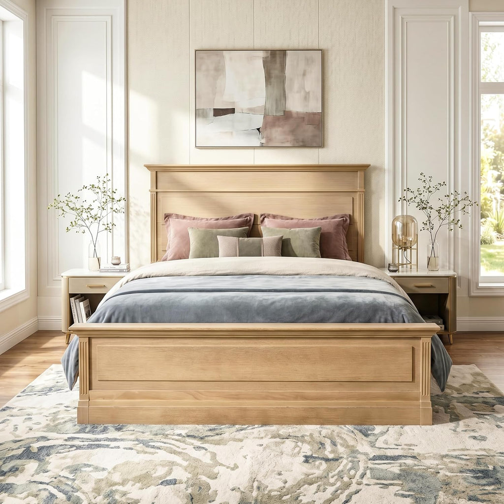 Rustic Queen Solid Wood Bed Frame, Farmhouse Platform Bed with 53.5" Tall Headboard, Heavy Duty Wood Bed Frame with