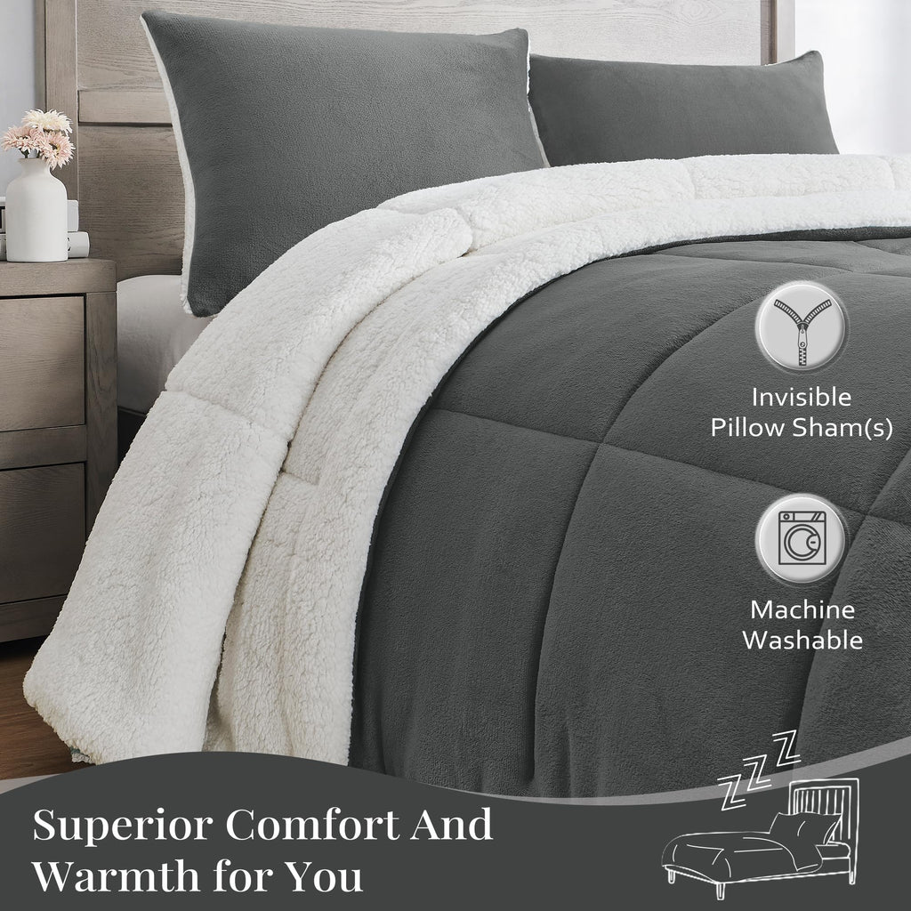 Micromink Sherpa Comforter Set, Dark Grey