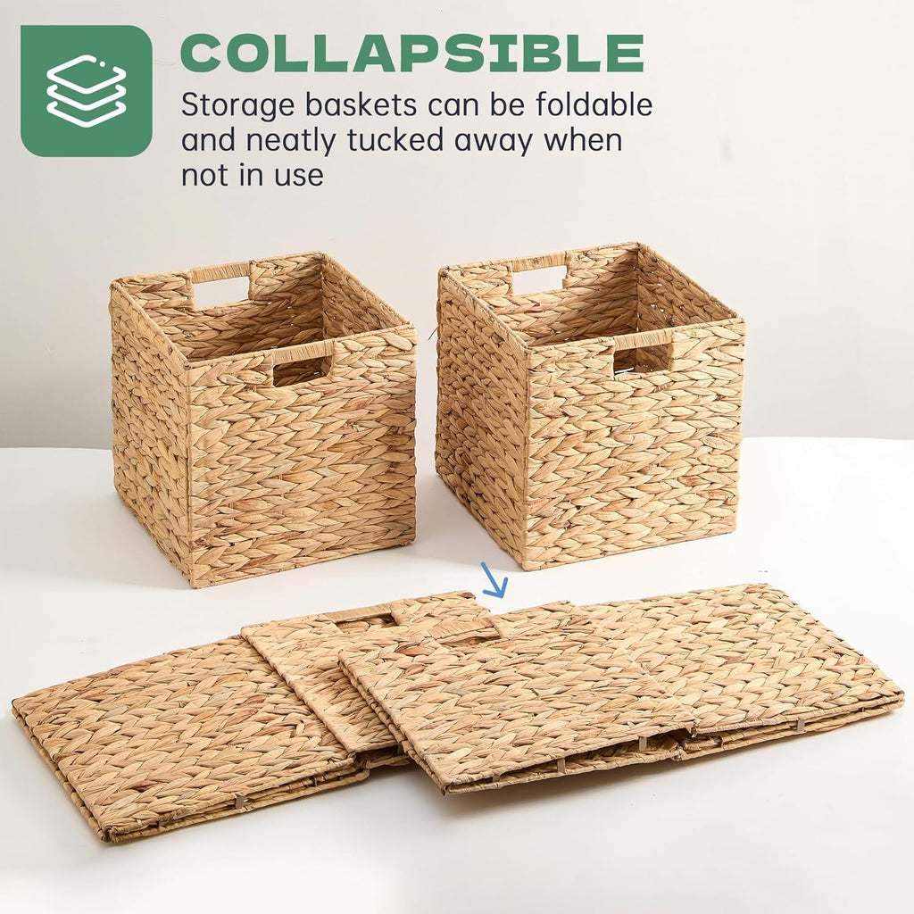 13x13x13 Wicker Storage Basket Set of 4, Water Hyacinth Woven Basket with Handles, Wicker Cube Storage Bins for