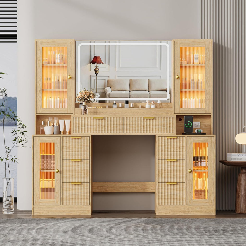 Fluted Makeup Vanity Desk with Mirror and Lights, 55" Glass Top Vanity with 8 Drawers & 4 RGB Glass Cabinets