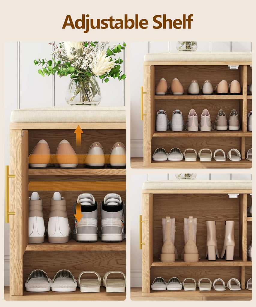 Fluted Shoe Storage Bench with Cushion, Entryway Bench with Adjustable Shelves and Open Bottom Shelf, Hidden Shoe