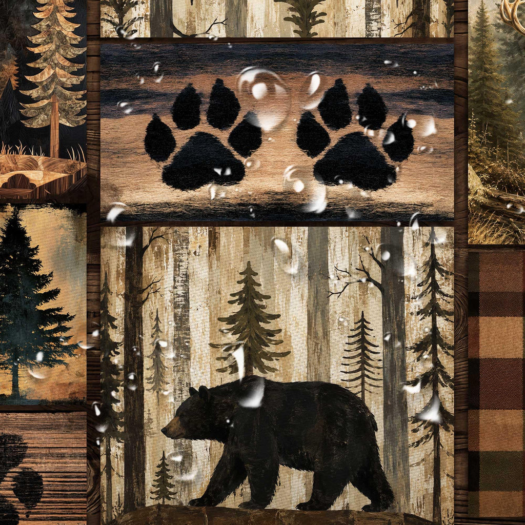 Rustic Cabin Bear Deer Pine Tree Print Vintage Woodland Lodge Bathroom Curtain Country Farmhouse Animal Paw Plaid