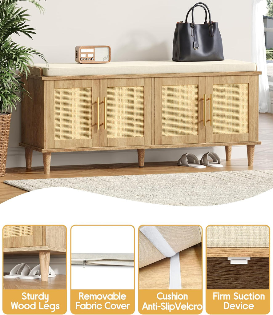 Rattan Shoe Storage Bench with Cushion, 2-Tier Entryway Bench with Adjustable Shelves and 4 Doors, 15" D x 47.2" W x