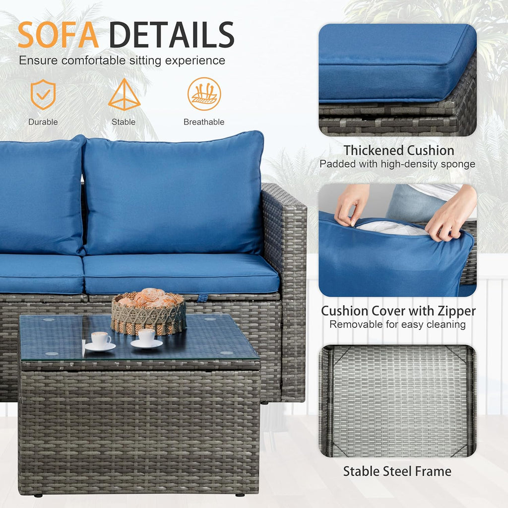 Outdoor Patio Furniture Sets, Small Outdoor Sofa Patio Sectional Sets 3-Piece All Weather Wicker Rattan Seating Sofas