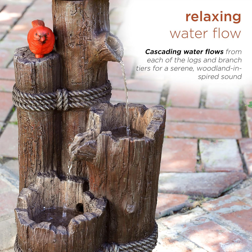 35" Tall Outdoor 3-Tier Birdhouse Water Fountain with Cardinal Accent, Rustic Floor Decor and Patio, Brown