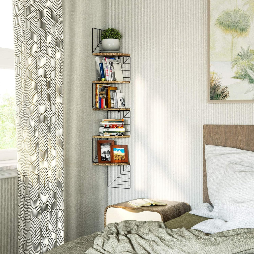 Corner Wall Shelf 5 Tier,Solid Wood,51" Tall,Carbonized Black | Easy to Install,Leaf-Shaped Floating Wall