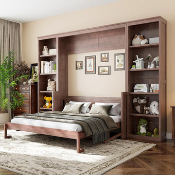 Queen Murphy Bed with Desk, Wood Murphy Bed Frame with Storage Shelves, Hidden Foldable Wall Bed for Home Office